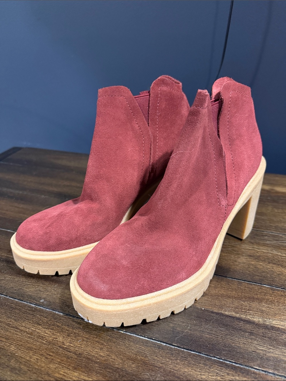 Dolce Vita Suede Chunky Heel Ankle Booties in Burgundy